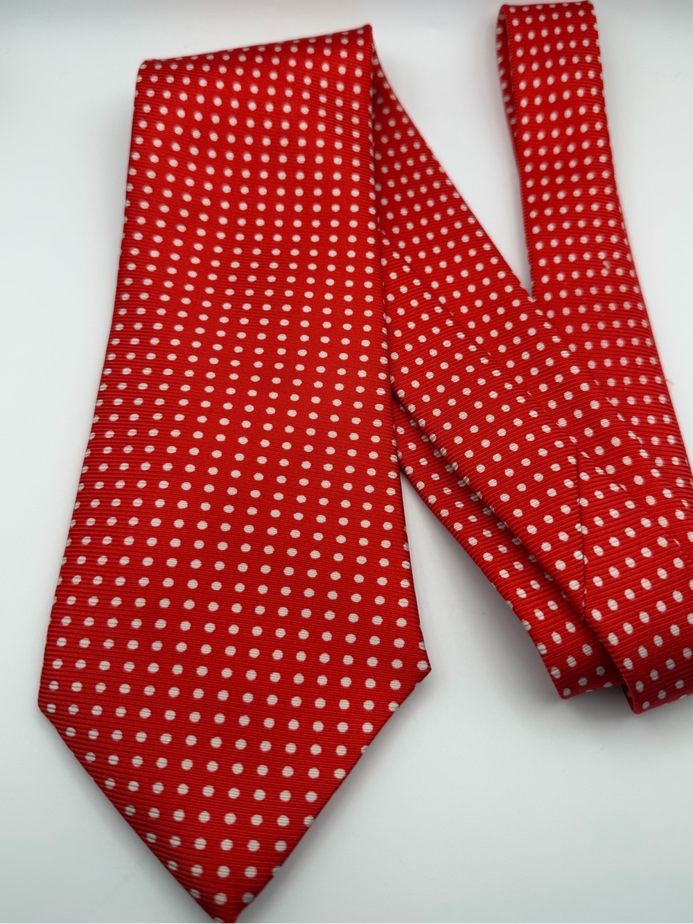 Ralph Lauren 100% Silk Red Orange White Pindot Tie Made by Hand